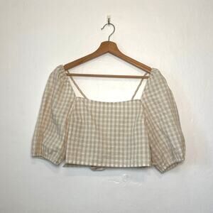 H&M – Gingham Check Linen Cotton Blend Puff Sleeve Open Back Blouse